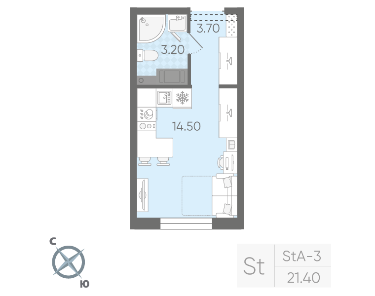 Квартира-студия, 21.4 м² в ЖК "Ручьи" - планировка, фото №1