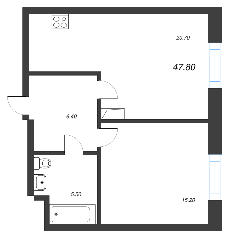 2-комнатная (Евро) квартира, 47.7 м² - планировка, фото №1