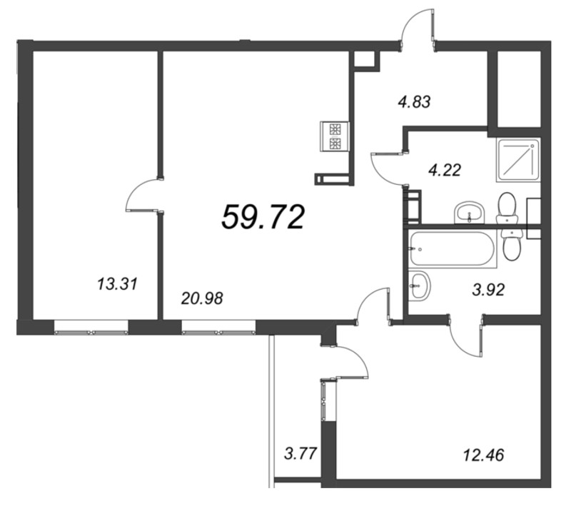 3-комнатная (Евро) квартира, 59.72 м² в ЖК "Чёрная речка" - планировка, фото №1