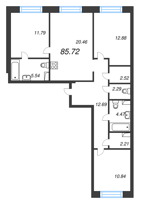 4-комнатная (Евро) квартира, 85.72 м² в ЖК "Остров Первых" - планировка, фото №1