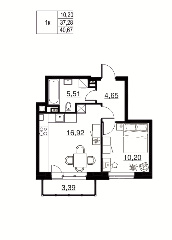 2-комнатная (Евро) квартира, 40.67 м² в ЖК "Соло. Петергоф" - планировка, фото №1