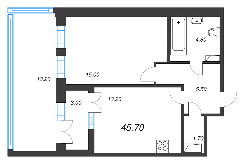 1-комнатная квартира, 45.7 м² - планировка, фото №1