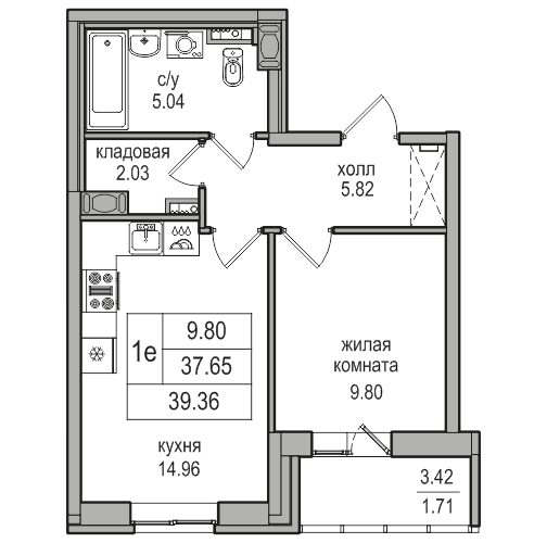 2-комнатная (Евро) квартира, 38.7 м² в ЖК "Северная Долина" - планировка, фото №1