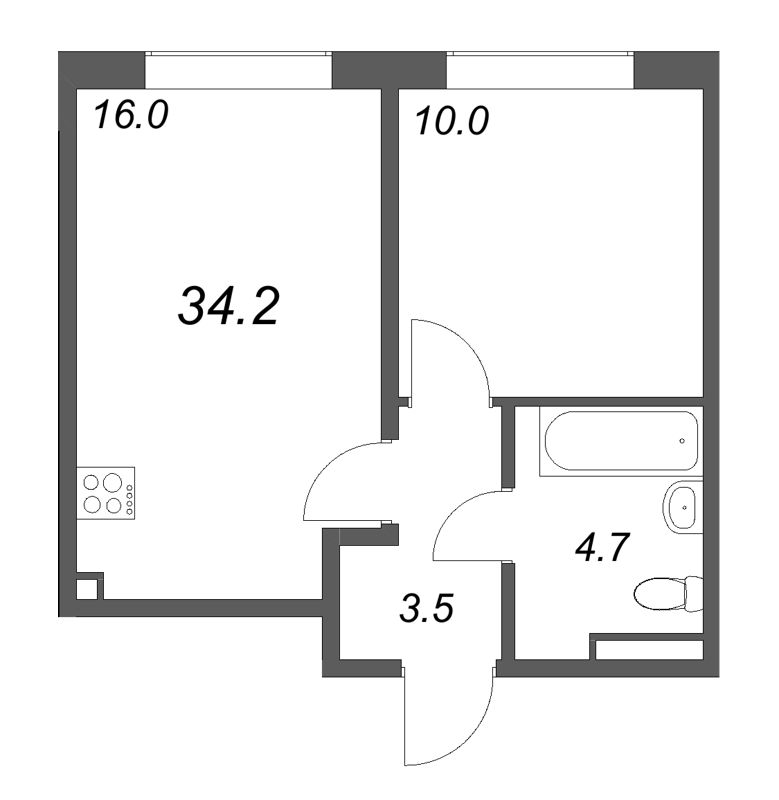 2-комнатная (Евро) квартира, 34.2 м² в ЖК "Пулково Lake" - планировка, фото №1