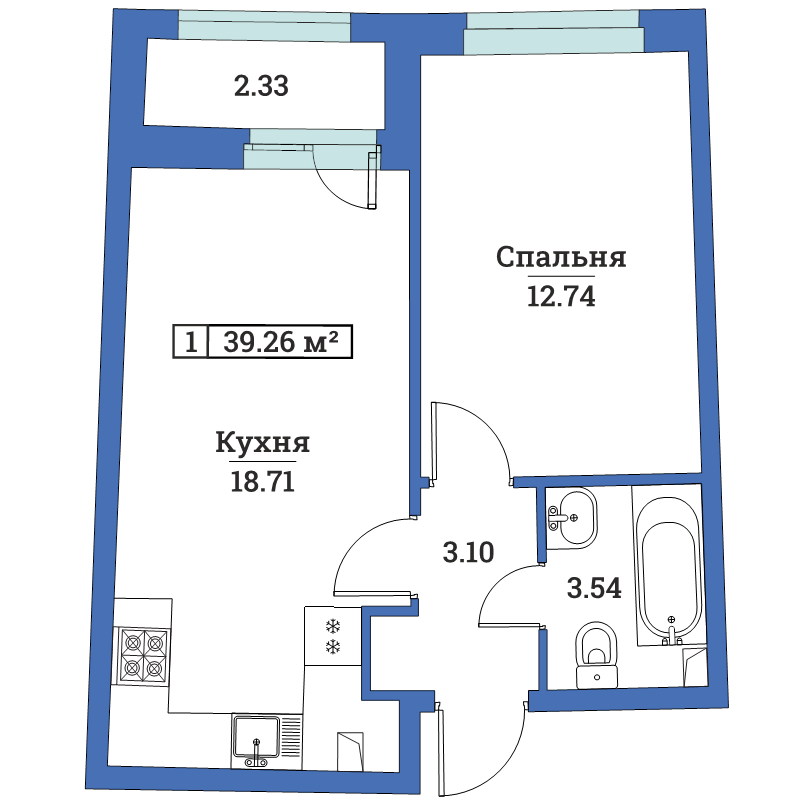 1-комнатная квартира, 39.26 м² - планировка, фото №1