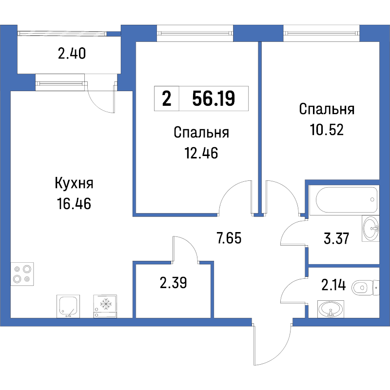 3-комнатная (Евро) квартира, 56.19 м² - планировка, фото №1