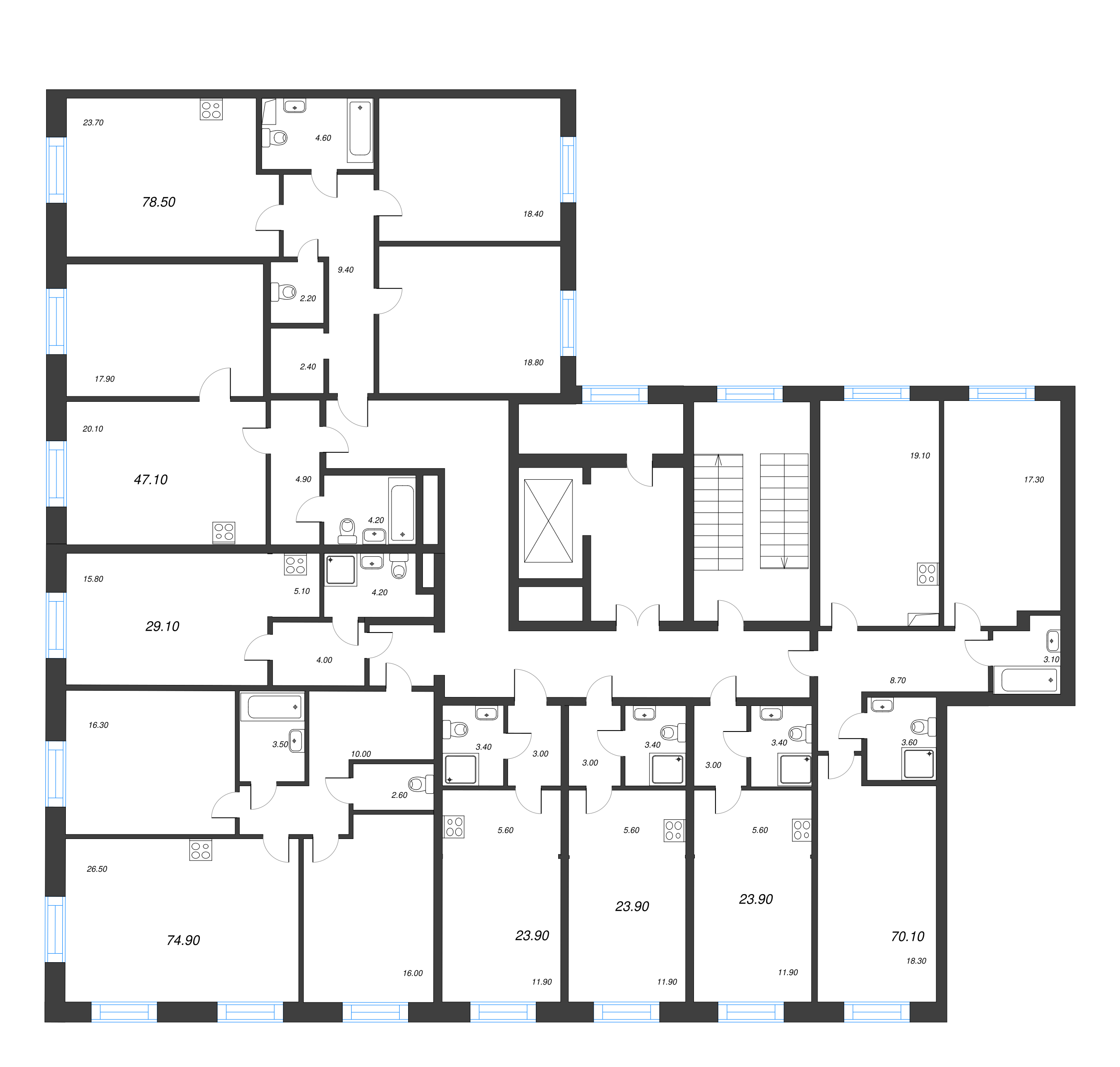 3-комнатная (Евро) квартира, 69.4 м² в ЖК "Neva Haus" - планировка этажа