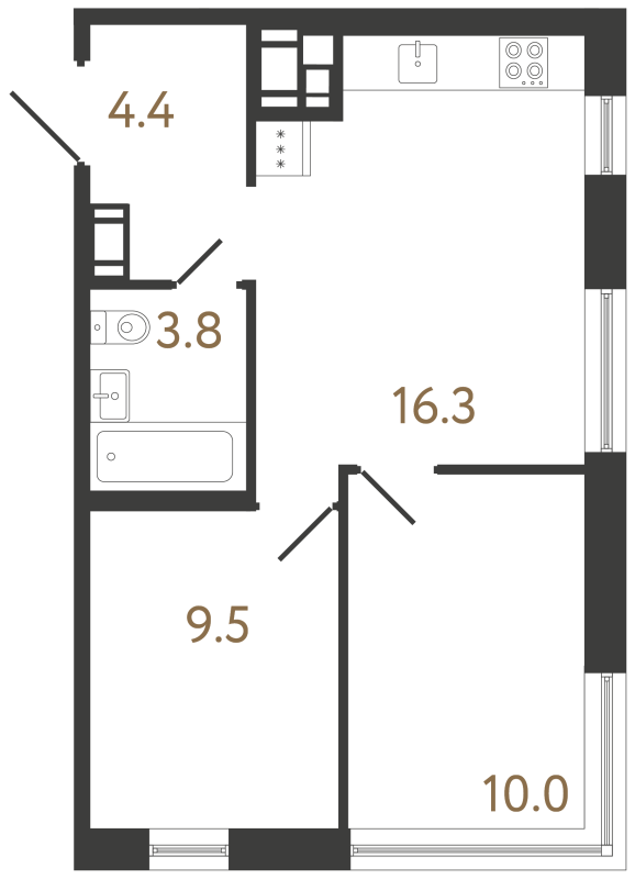 3-комнатная (Евро) квартира, 44 м² в ЖК "Передвижники 2" - планировка, фото №1