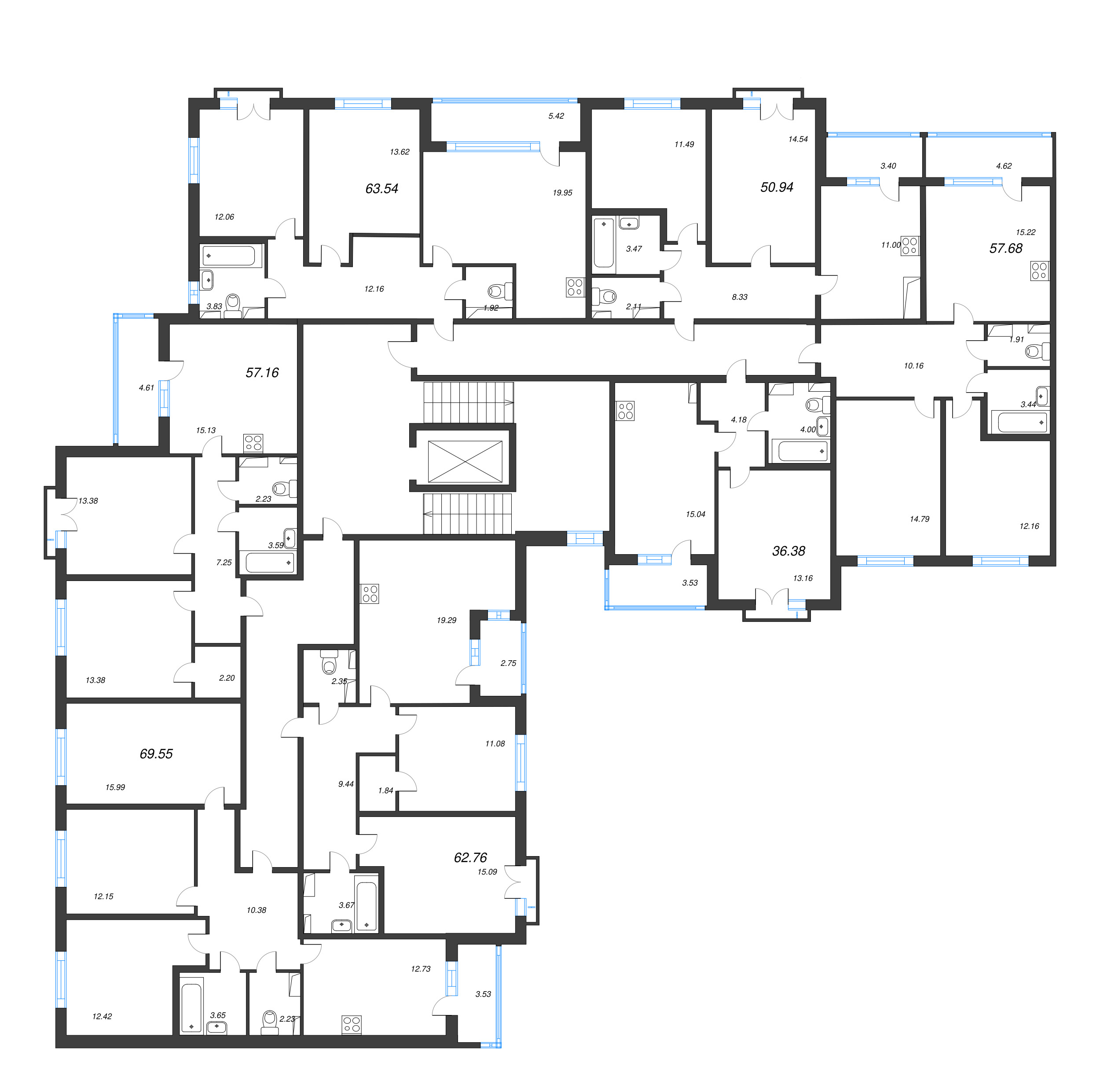 2-комнатная (Евро) квартира, 36.38 м² в ЖК "Любоград" - планировка этажа