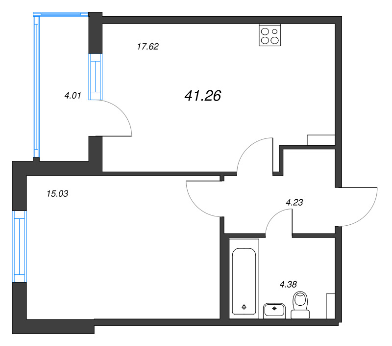 2-комнатная (Евро) квартира, 41.26 м² - планировка, фото №1