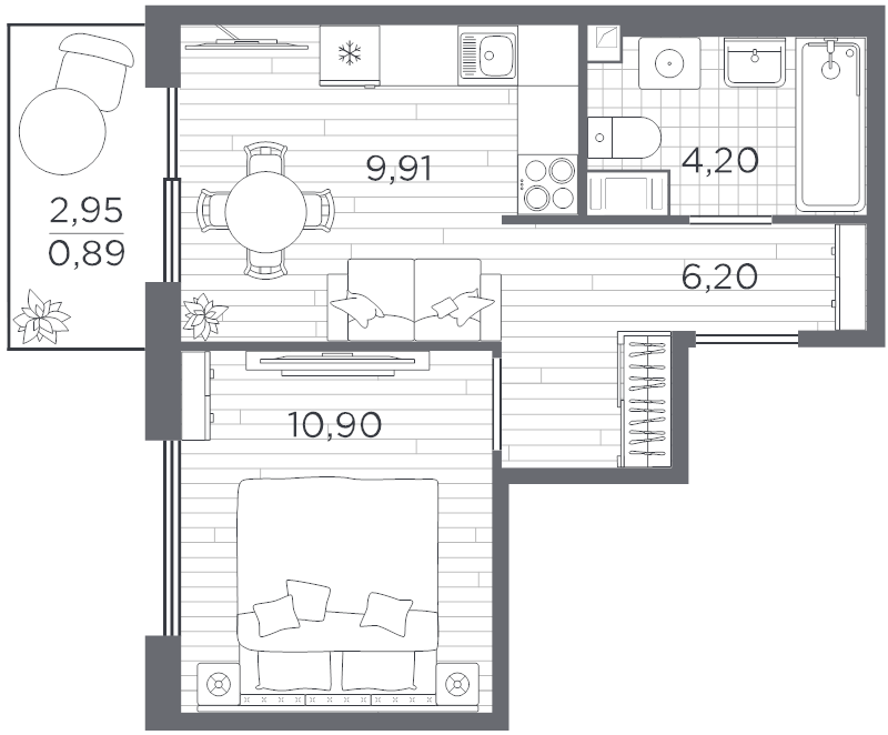 1-комнатная квартира, 32.1 м² - планировка, фото №1