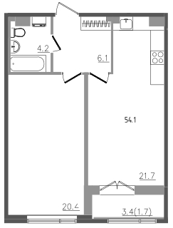 2-комнатная (Евро) квартира, 54.1 м² - планировка, фото №1