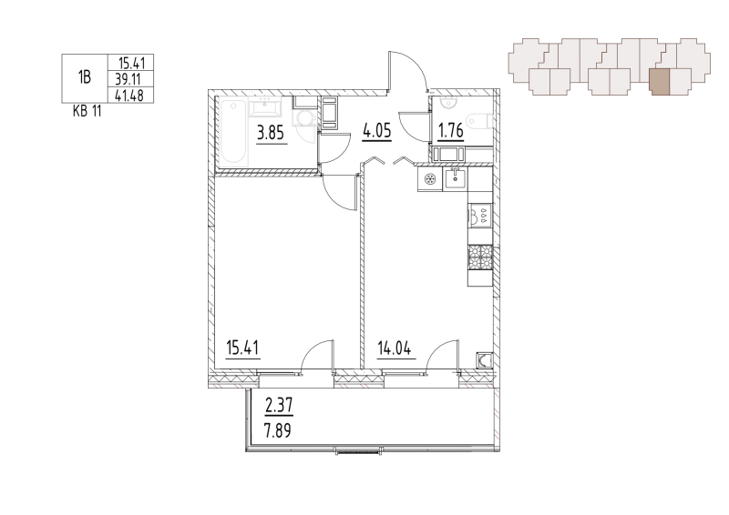 1-комнатная квартира, 43.6 м² в ЖК "Loft у озера" - планировка, фото №1