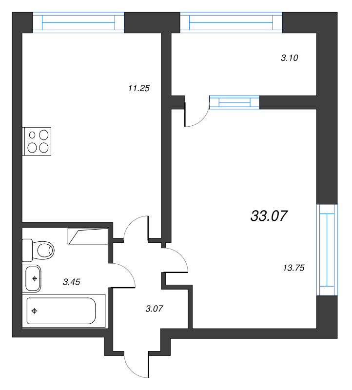 1-комнатная квартира, 33.07 м² - планировка, фото №1