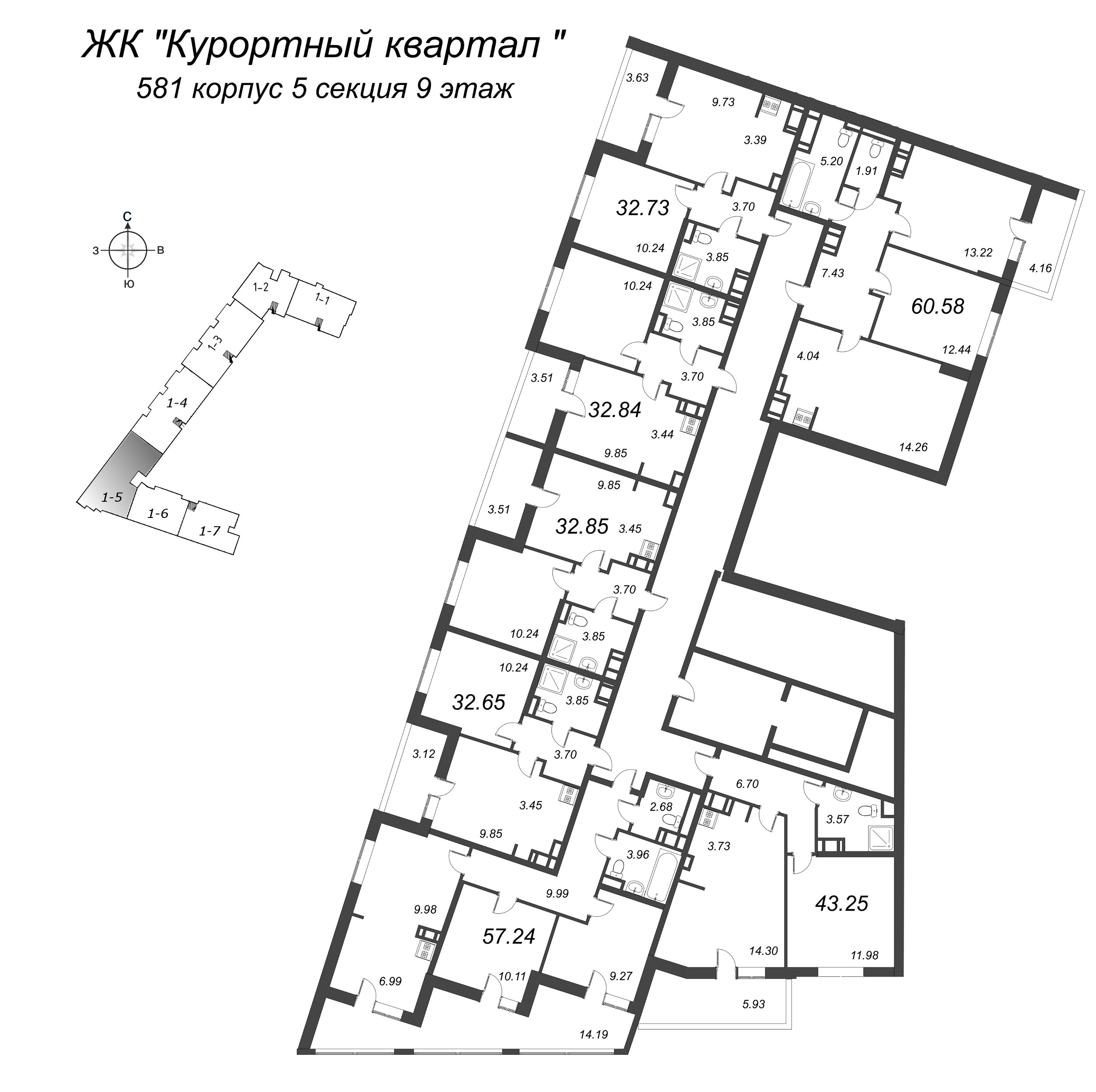 3-комнатная (Евро) квартира, 56.1 м² в ЖК "Курортный Квартал" - планировка этажа