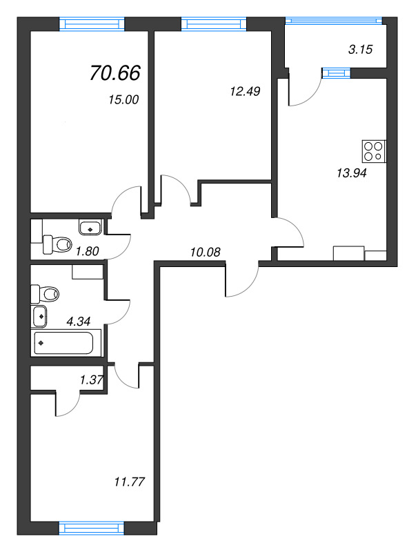 3-комнатная квартира, 70.66 м² в ЖК "ПАТИО. Уютный квартал" - планировка, фото №1