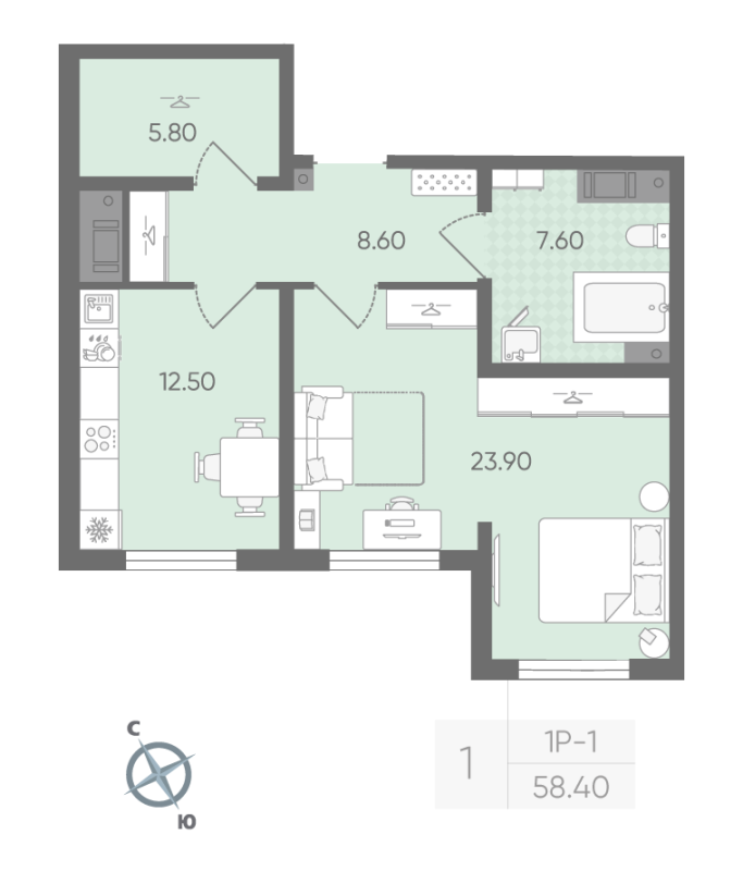 1-комнатная квартира, 58.4 м² в ЖК "Ручьи" - планировка, фото №1