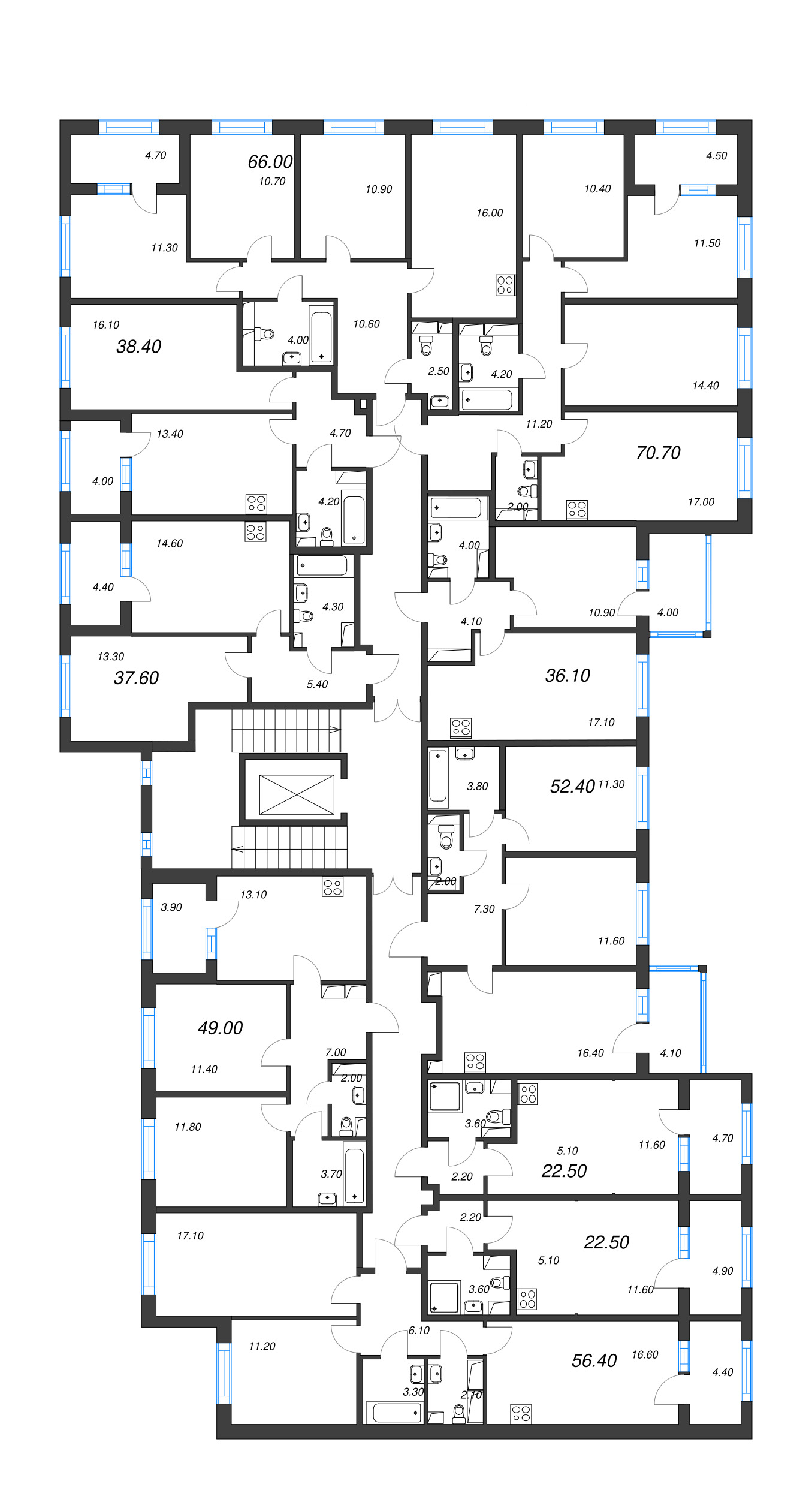 1-комнатная квартира, 38.4 м² в ЖК "ЮгТаун" - планировка этажа