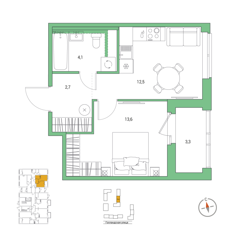 1-комнатная квартира, 34.6 м² в ЖК "Янила Форест" - планировка, фото №1