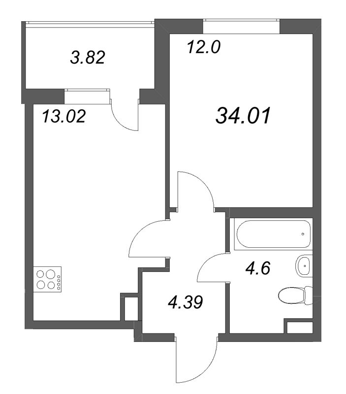 1-комнатная квартира, 34.01 м² в ЖК "ЮгТаун" - планировка, фото №1