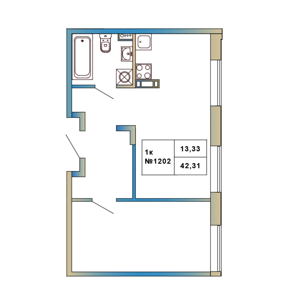 1-комнатная квартира, 42.31 м² в ЖК "Атмосфера Выборга" - планировка, фото №1