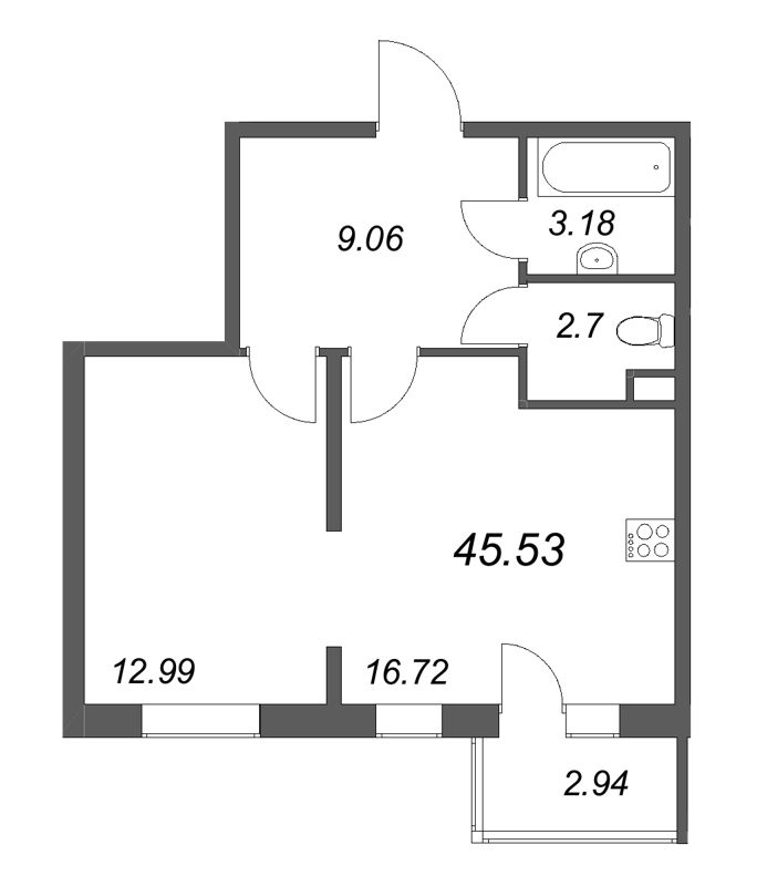 2-комнатная (Евро) квартира, 45.53 м² в ЖК "Новая история" - планировка, фото №1