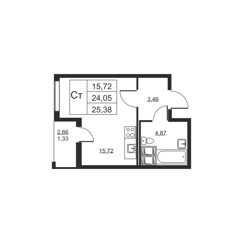 Квартира-студия, 25.38 м² - планировка, фото №1