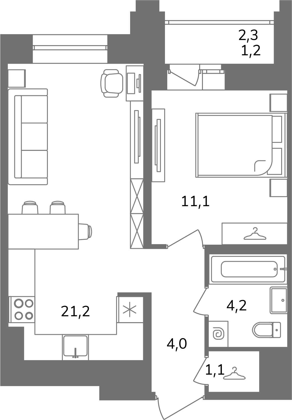 2-комнатная (Евро) квартира, 42.8 м² в ЖК "Антверпен" - планировка, фото №1