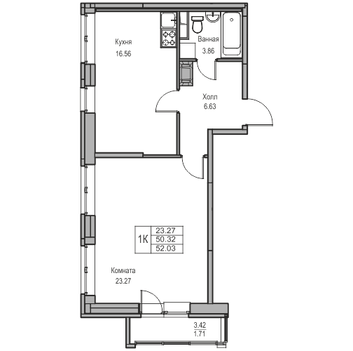 2-комнатная (Евро) квартира, 52.03 м² - планировка, фото №1