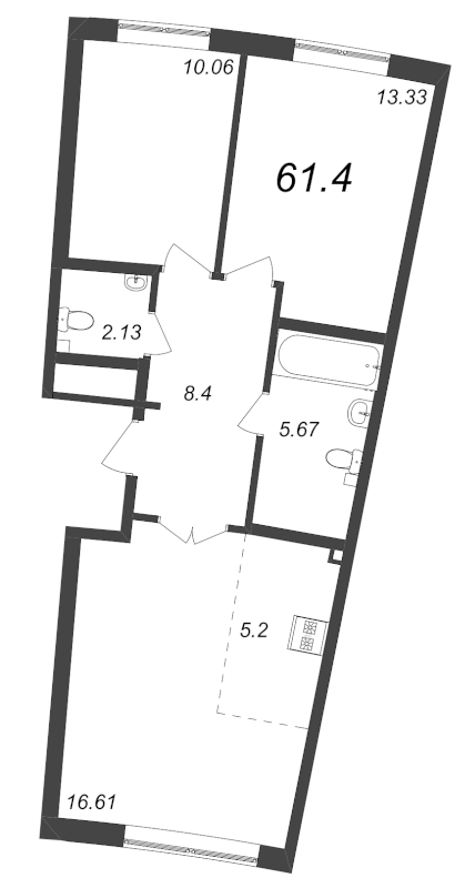 3-комнатная (Евро) квартира, 61.4 м² в ЖК "Морская набережная. SeaView" - планировка, фото №1