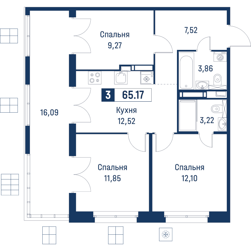 3-комнатная квартира, 65.17 м² в ЖК "Символист" - планировка, фото №1