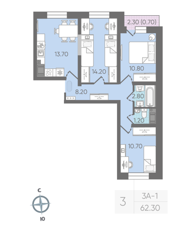 3-комнатная квартира, 62.3 м² в ЖК "ЛСР. Ржевский парк" - планировка, фото №1