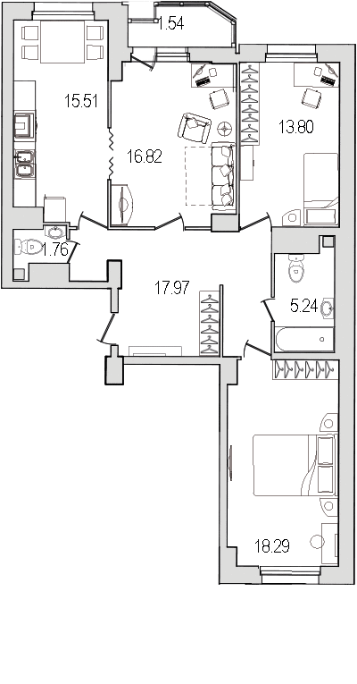 3-комнатная квартира, 91.2 м² - планировка, фото №1