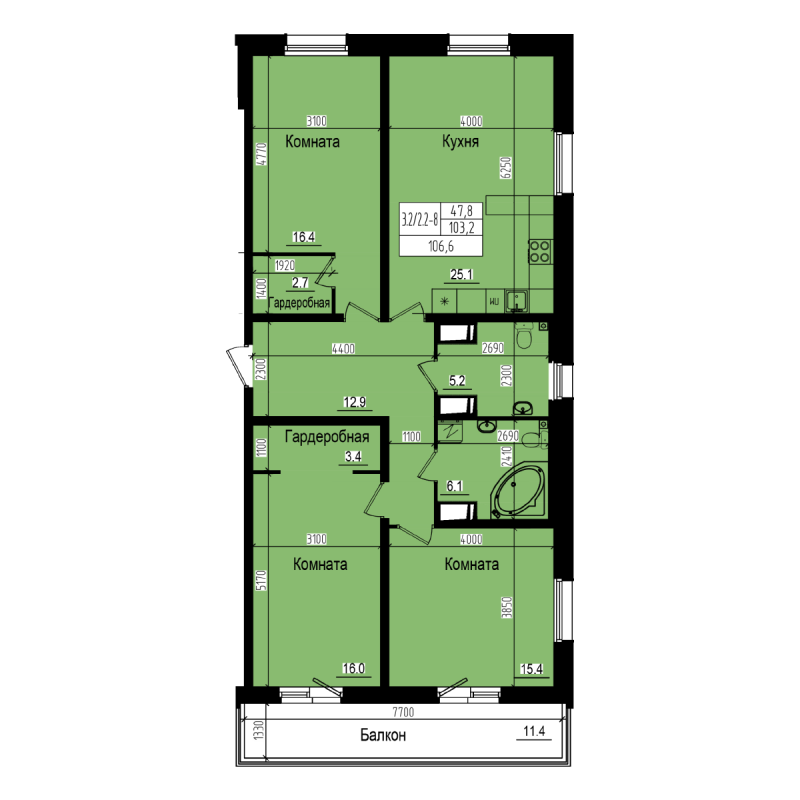 4-комнатная (Евро) квартира, 106.6 м² в ЖК "ПРАГМА city" - планировка, фото №1