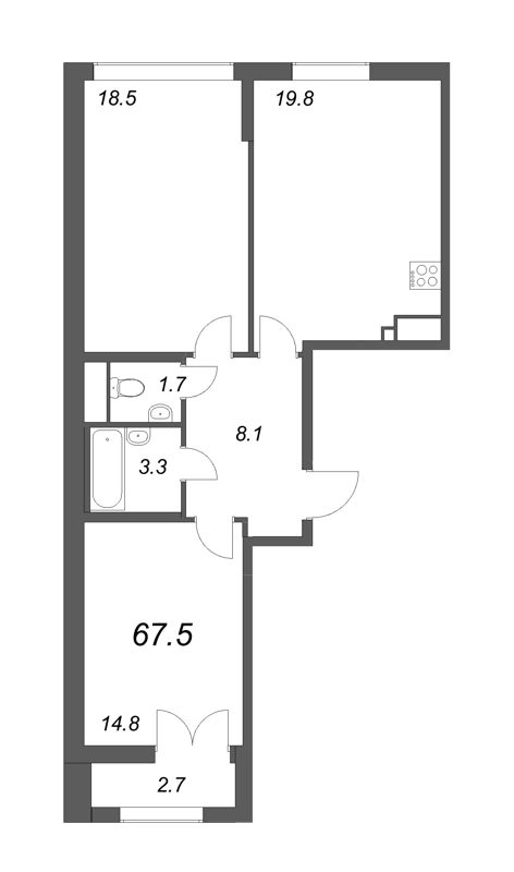 3-комнатная (Евро) квартира, 67.5 м² - планировка, фото №1