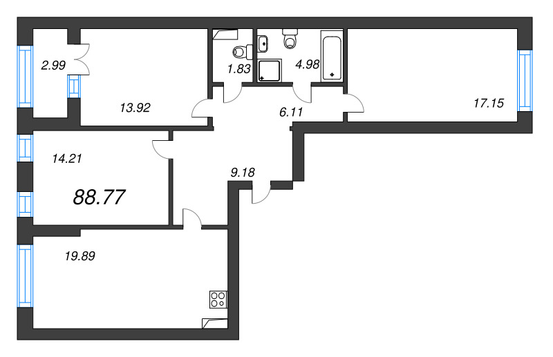 3-комнатная квартира, 88.77 м² - планировка, фото №1