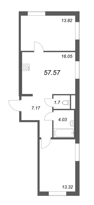 3-комнатная (Евро) квартира, 57.57 м² в ЖК "Новые горизонты" - планировка, фото №1