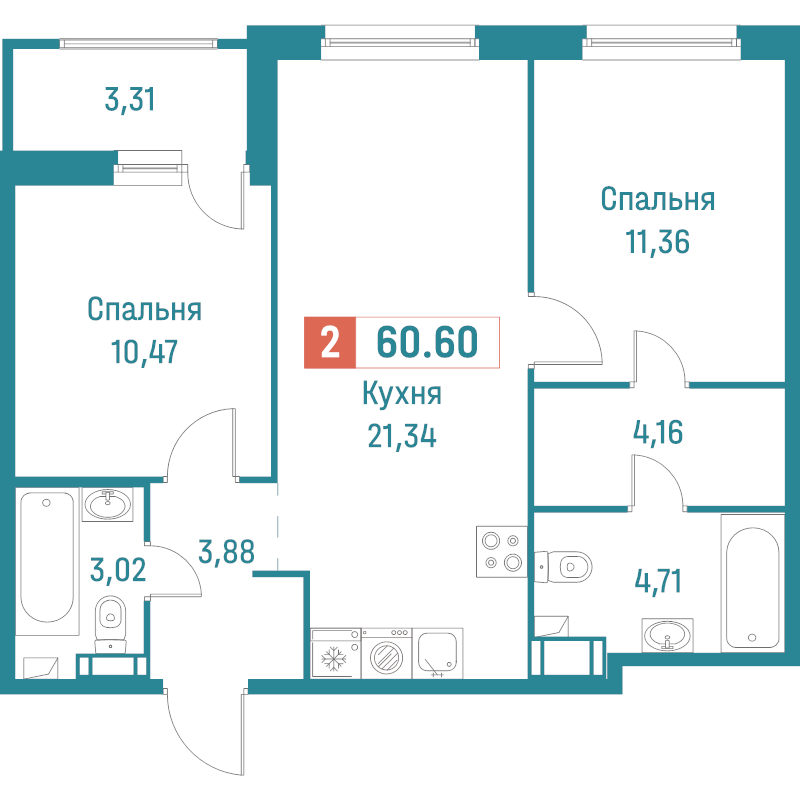 3-комнатная (Евро) квартира, 60.6 м² в ЖК "Графика" - планировка, фото №1