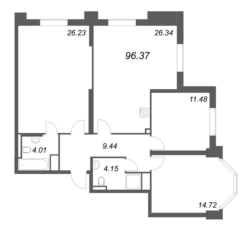 4-комнатная (Евро) квартира, 96.37 м² в ЖК "Цивилизация на неве" - планировка, фото №1