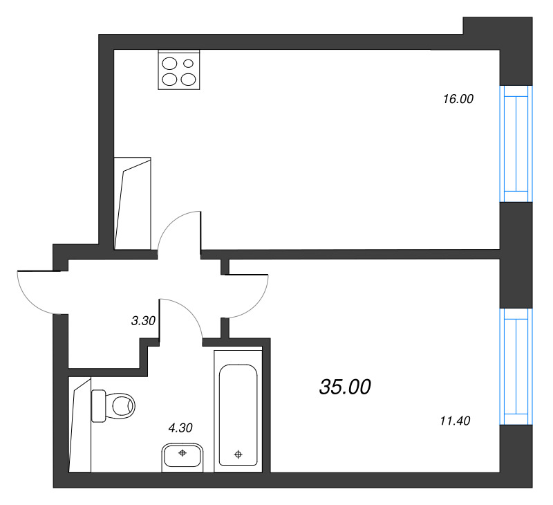 2-комнатная (Евро) квартира, 35 м² в ЖК "Большая Охта" - планировка, фото №1