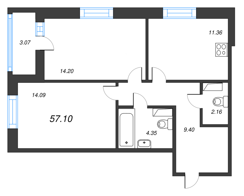 2-комнатная квартира, 57.16 м² - планировка, фото №1