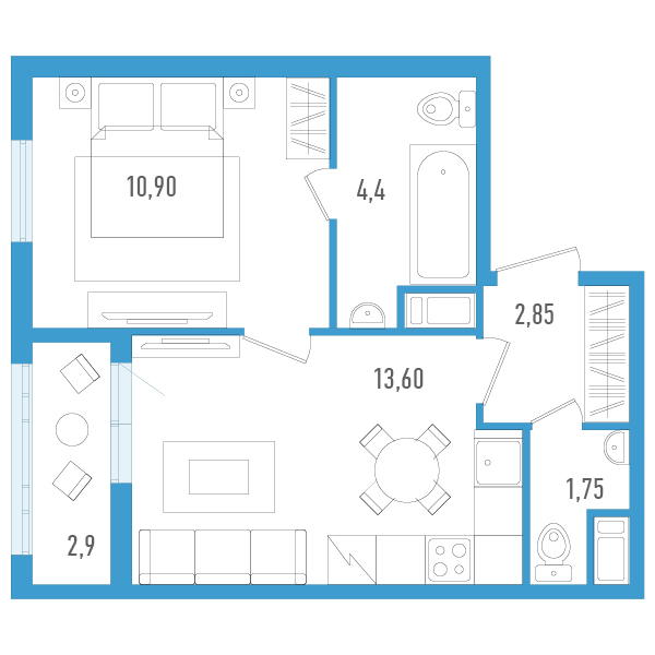 1-комнатная квартира, 34.95 м² - планировка, фото №1