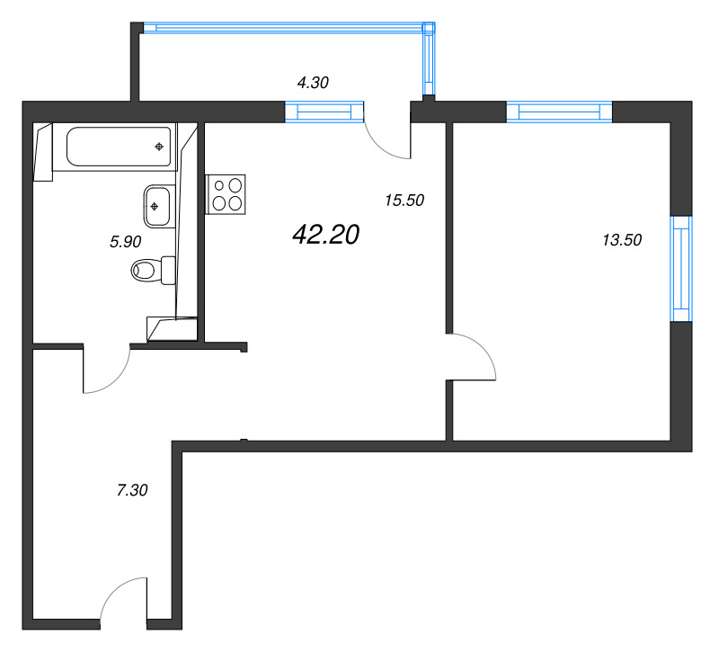 2-комнатная (Евро) квартира, 42.2 м² в ЖК "Руднева 15" - планировка, фото №1