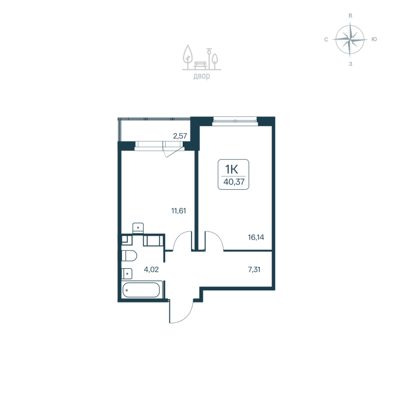 1-комнатная квартира, 40.37 м² в ЖК "Расцветай в Янино" - планировка, фото №1