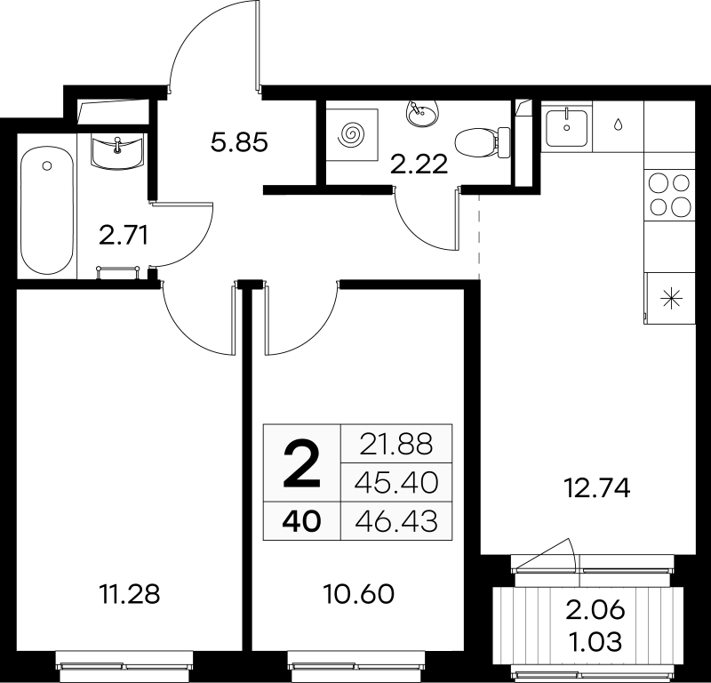 2-комнатная квартира, 46.43 м² - планировка, фото №1