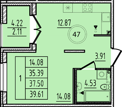 1-комнатная квартира, 35.39 м² - планировка, фото №1