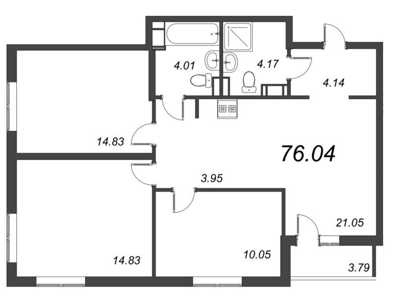 4-комнатная (Евро) квартира, 76.04 м² в ЖК "Чёрная речка" - планировка, фото №1