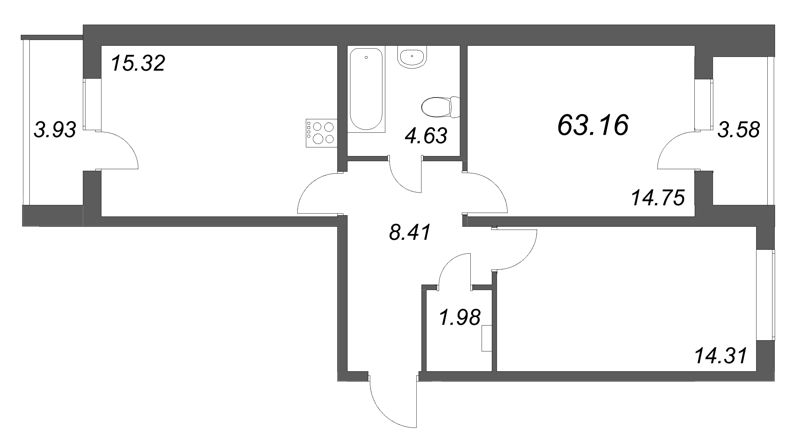 3-комнатная (Евро) квартира, 63.16 м² в ЖК "АРО" - планировка, фото №1