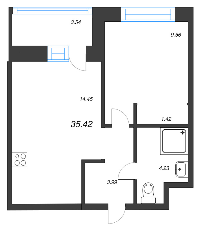 1-комнатная квартира, 35.42 м² в ЖК "Уютный" - планировка, фото №1
