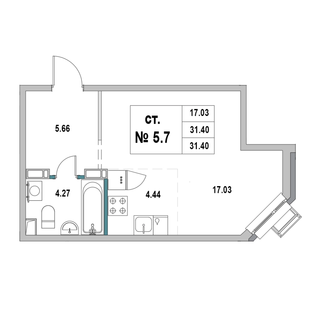 Квартира-студия, 31.4 м² в ЖК "Новый Город" - планировка, фото №1